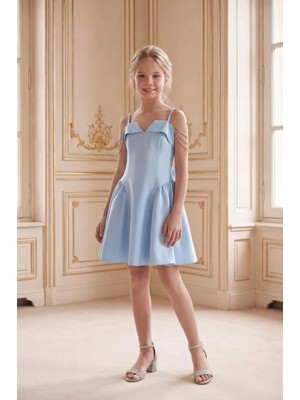 Butik Happy Kids Kız Çocuk Abiye Bebemavi Kısa Krep  Elbise Taş Kordon Omuz Detaylı Fiyonklu Şık Davet Elbisesi 10-15 Yaş