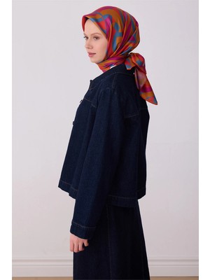 Belli Kiremit Çok Renkli Geometrik Desen %100 Twill Ipek Eşarp 4327-83