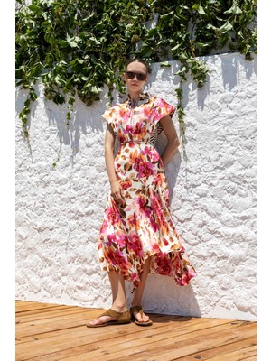 Kameya Floral Desenli Asimetrik Midi Elbise