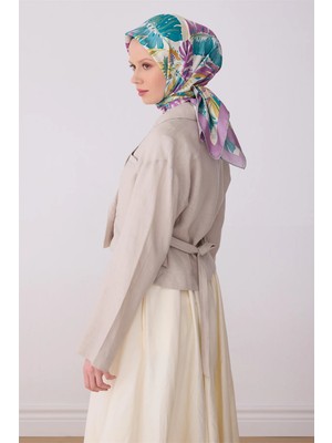 Belli Turkuaz Çok Renkli Çiçek Desen %100 Twill Ipek Eşarp 4323-84