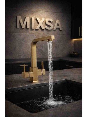 Mixsa Lüx Eskitme Kare Çift Perlatörlü Arıtmalı Mutfak Bataryası 3 Yollu Ağır Gövde