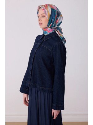 Belli Petrol Yeşili Çok Renkli Çiçek Desen %100 Twill Ipek Eşarp 4315-82