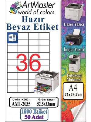 ArtMaster A4 Hazır Beyaz Etiket 52.5X33MM 50 Sayfa 1 Paket 36 Lı Kendinden Yapışkanlı Fotokopi Lazer Inkjet Kağıdı Yazıcılar Için