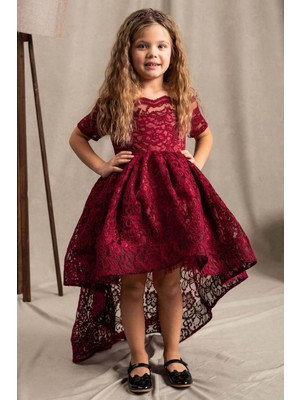 Riccotarz Kız Çocuk Kayık Yaka Üzeri Dantel Detaylı Kuyruklu Bordo Abiye