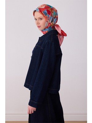 Belli Kırmızı Soyut Desen %100 Twill Ipek Eşarp 4310-05