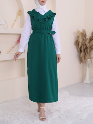 Moda Morfo Yakası V Kemerli Uzun Jile Elbise      -Zümrüt