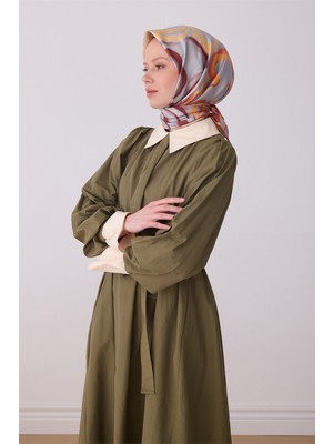 Belli Oranj Soyut Desen %100 Twill Ipek Eşarp 4301-35