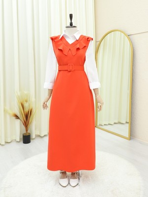 Moda Morfo Yakası V Kemerli Uzun Jile Elbise      -Nar Çiçeği