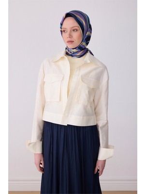 Belli Lacivert Çok Renkli Geometrik Desen %100 Twill Ipek Eşarp 4311-85