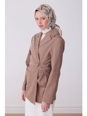 Belli Bej Çiçek Desen %100 Twill Ipek Eşarp 4330-84