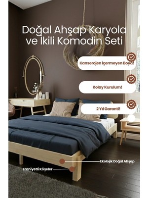 Renazzo Mobilya Damla 2'li Başlıklı Doğal Masif Ahşap Karyola ve Iki Adet Komodin Seti - Kademeli Başlık Tasarımlı