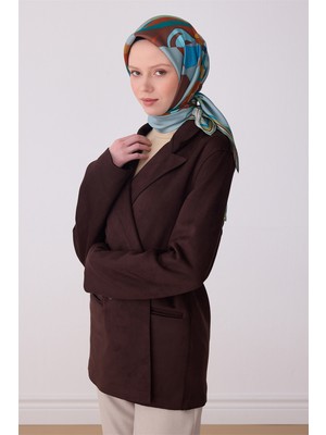 Belli Kahve Çok Renkli Çiçek Desen %100 Twill Ipek Eşarp 4303-84