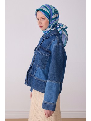 Belli Mavi Çok Renk Geometrik Desen %100 Twill Ipek Eşarp 4311-02