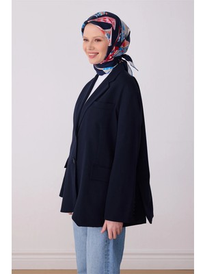 Belli Lacivert Obje Desen %100 Twill Ipek Eşarp 4316-02