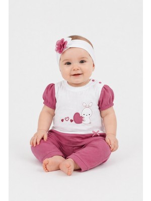 Dinamik çocuk Kız Bebek 3'lü Takım Kalp Tavşan Nakışlı Bandanalı Alt Üst Set Yazlık %100PAMUK 0-3-6-9AY