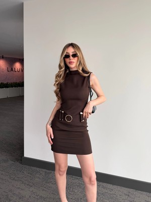 Laluvia Kahverengi Gold Kemerli Elbise - 1922