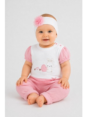 Dinamik çocuk Kız Bebek 3'lü Takım Kalp Tavşan Nakışlı Bandanalı Alt Üst Set Yazlık %100PAMUK 0-3-6-9AY