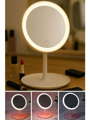 Vizyon Çiçek Yuvarlak Şekilli Dokunmatik LED Işıklı Makyaj Aynası Pembe Renk