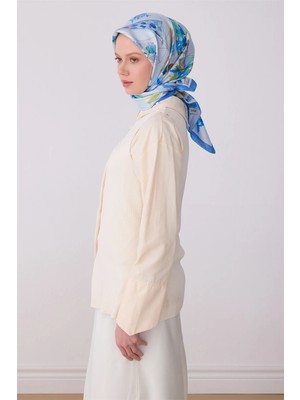 Belli Mavi Obje Desen %100 Twill Ipek Eşarp 4316-80