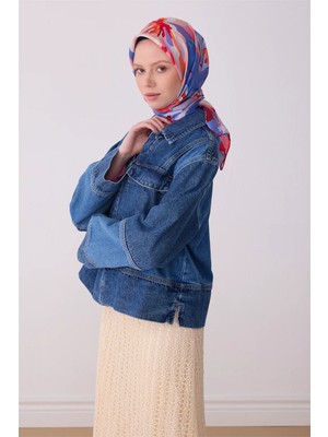 Belli Pembe Çiçek Desen %100 Twill Ipek Eşarp 4315-55