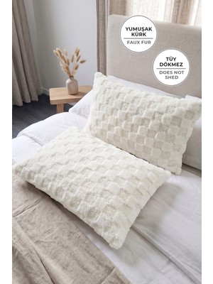 Evien Home Kürklü Peluş 2'li Yastık Kılıfı 50X70 cm Polo Yumuşak Supersoft Dekoratif Wellsoft Krem