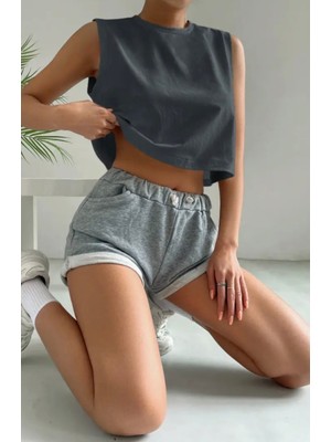 Punix Özel Seri Baskısız Düz Renk %100 Pamuk Hip Hop Kolsuz Kadın Oversize Crop T-Shirt
