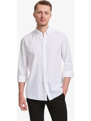 Pierre Cardin Erkek Beyaz Keten Karışımlı Regular Fit Uzun Kollu Gömlek 50320941-VR013