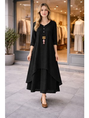 Barbora Keten Günlük Yazlık Salaş Kadın Iki Katlı  Elbise