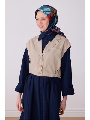 Belli Lacivert Çok Renkli Çiçek Desen %100 Twill Ipek Eşarp 4303-51