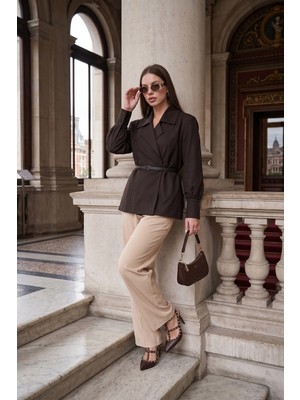 Lela Kruvaze Yaka Kemerli Balon Kollu Pamuklu Gömlek Bayan Gömlek 6835057