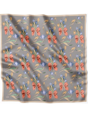Belli Çiçek Desen  Ipek Eşarp 4037D-SOĞUK Gri ((Twill) - 81
