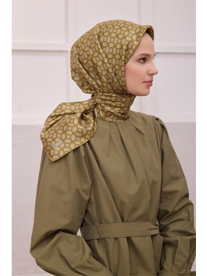 Belli Geometik Desen Ipek Eşarp 4215D (Twıll) Haki - 56