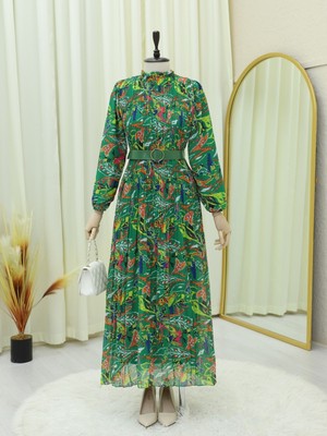 Moda Morfo Önü Pileli Kemerli Şifon Elbise -Zümrüt