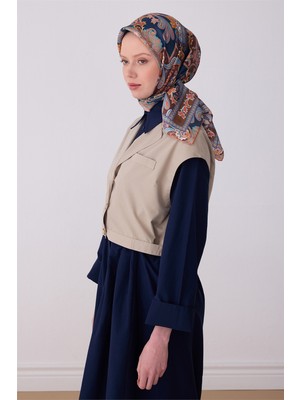 Belli Lacivert Etnik Desen %100 Twill Ipek Eşarp 4304-31