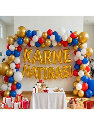 Tedaks Karne Temalı Karne Hatırası Gold Folyo Harf Kırmızı Beyaz Mavi Gold Balon Süsleme