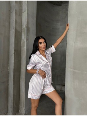 Velare Saten Şeritli Şortlu Kısa Kollu Pijama Takımı
