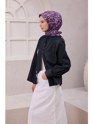 Belli Çiçek Desen Ipek Eşarp 4204D (Twıll) Siyah Mor - 89