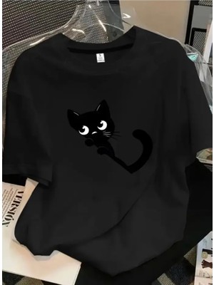 Kids Face Özel Tasarım Siyah Minik Kedicik Baskılı %100 Pamuk Kız Çocuk Şık T-Shirt