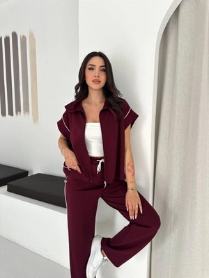 Win Moda Kadın Modal Kumaş Biyeli Fermuarlı Yelek Takım Bol Paça Modern Ikili Takım Günlük Şık Rahat Kombin
