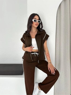 Win Moda Kadın Modal Kumaş Biyeli Fermuarlı Yelek Takım Bol Paça Modern Ikili Takım Günlük Şık Rahat Kombin