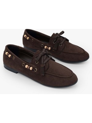 Shoeberry Kadın Costa Kahve Süet Boncuk Aksesuarlı Bağcıklı Loafer