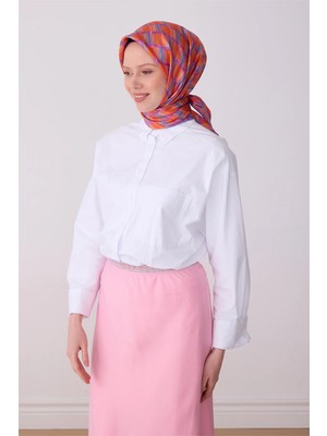 Belli Mercan Çok Renkli Geometrik Desen %100 Twill Ipek Eşarp 4302-80
