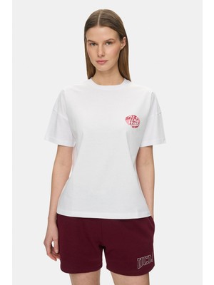 Ucla Marıluz Beyaz Bisiklet Yaka Baskılı %100 Pamuk Loose Fit Kadın Tshirt