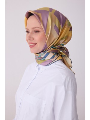 Belli Sarı Obje Desen %100 Twill Ipek Eşarp 4300-36