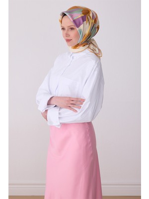 Belli Ekru Çok Renkli Çiçek Desen %100 Twill Ipek Eşarp 4303-83