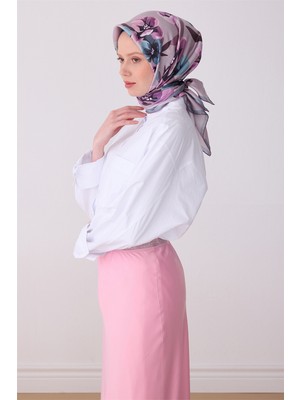 Belli Pembe Çok Renkli Çiçek Desen %100 Twill Ipek Eşarp 4330-85