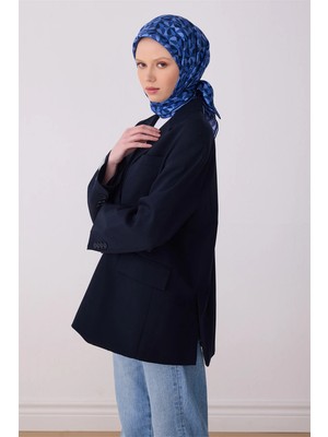 Belli Lacivert  Obje Desen %100 Twill Ipek Eşarp 4322-56