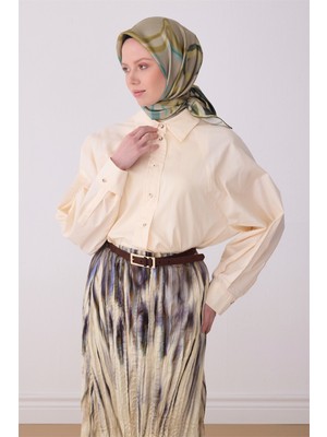 Belli Haki Soyut Desen %100 Twill Ipek Eşarp 4301-80