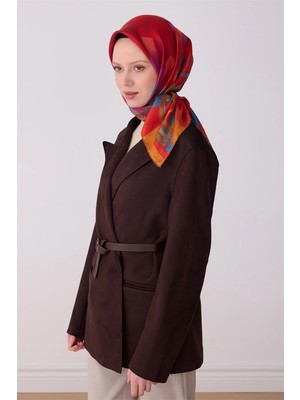 Belli Bordo Obje Desen %100 Twill Ipek Eşarp 4300-80
