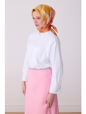 Belli Sarı Çok Renkli Obje Desen %100 Twill Ipek Eşarp 4300-50